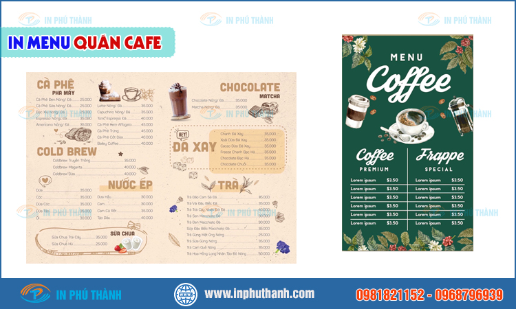 In menu cafe nhiều mẫu đẹp, thiết kế theo yêu cầu - bao bì Phú Thành