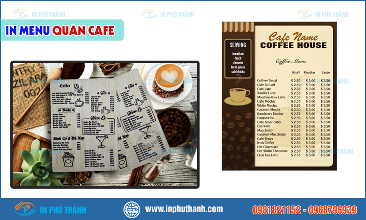 In menu cafe nhiều mẫu đẹp, thiết kế theo yêu cầu - bao bì Phú Thành