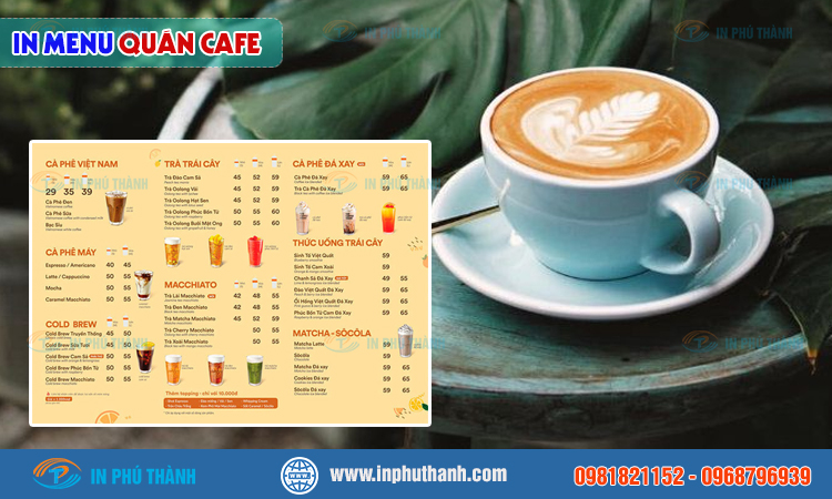In menu cafe nhiều mẫu đẹp, thiết kế theo yêu cầu - bao bì Phú Thành