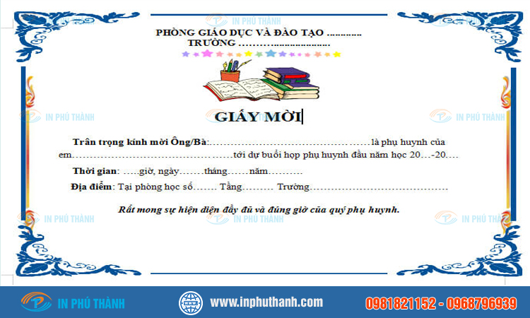 Mẫu giấy mời họp phụ huynh