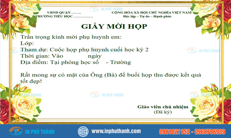 Mẫu giấy mời họp phụ huynh